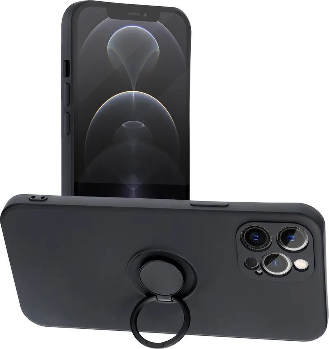 Siliconen Back Cover hoesje met Ring iPhone 12 Pro Max - Zwart