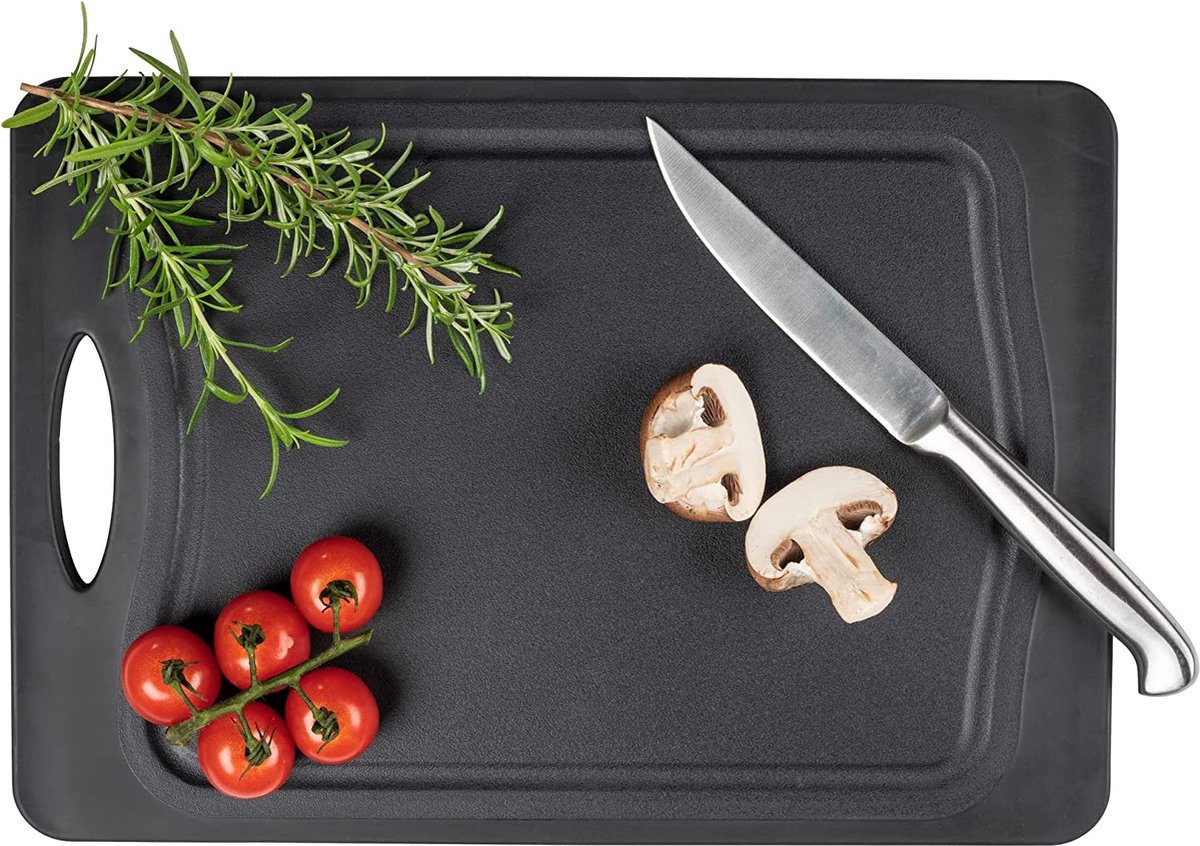 WENKO Combi-snijplank, antislipsnijplank met een antibacteriële kunststof kant voor vlees & vis en een bamboe-kunststof kant, met handvat & sapgroef, 33 × 23 cm, zwart/natuur