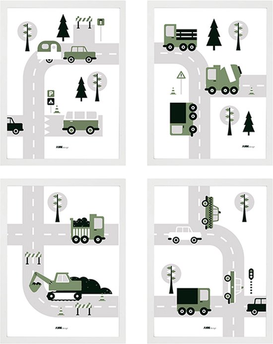 Poster set Voertuigen olijf groen 4x maat A4 - auto - graafmachine - vrachtwagen - kinderkamer - jongenskamer - muurdecoratie - kinderkamerstyling – kinderkameraccessoire