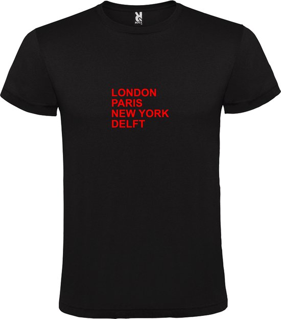 Zwart T-shirt 'LONDON, PARIS, NEW YORK, DELFT' Rood Maat S
