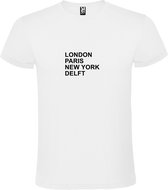 Wit T-shirt 'LONDON, PARIS, NEW YORK, DELFT' Zwart Maat S