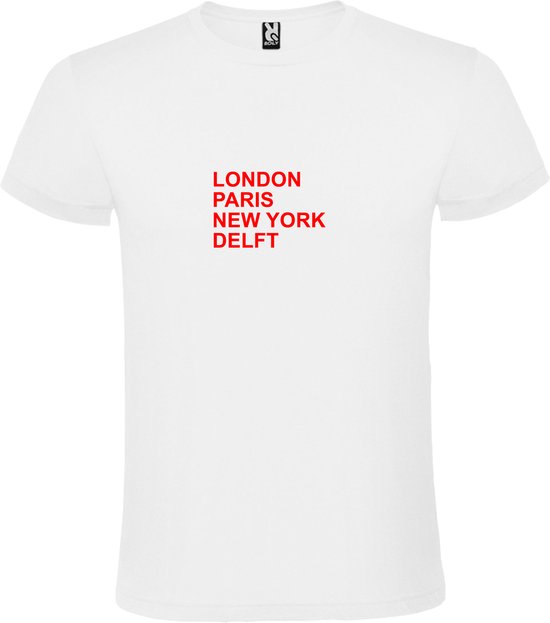 Wit T-shirt 'LONDON, PARIS, NEW YORK, DELFT' Rood Maat XS