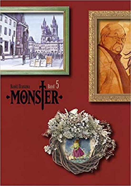 Monster Perfect Edition 5 met een illustratie van een man en een stadsgezicht.