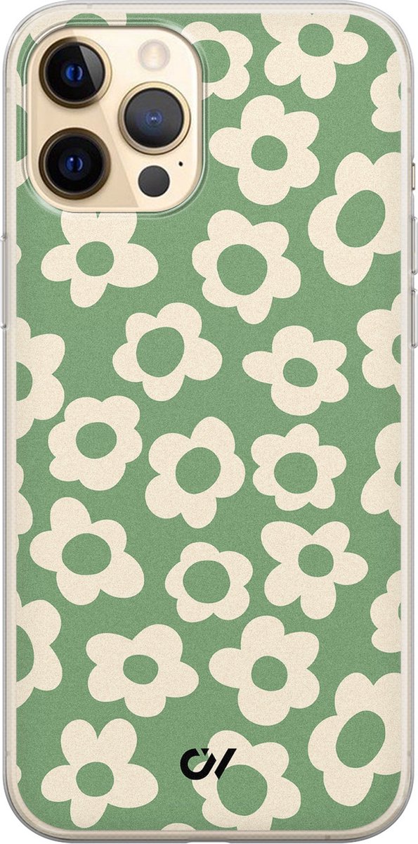 iPhone 12 (Pro) hoesje siliconen - Retro Cute Flowers - Bloemen - Groen - Apple Soft Case Telefoonhoesje - TPU Back Cover - Casevibes