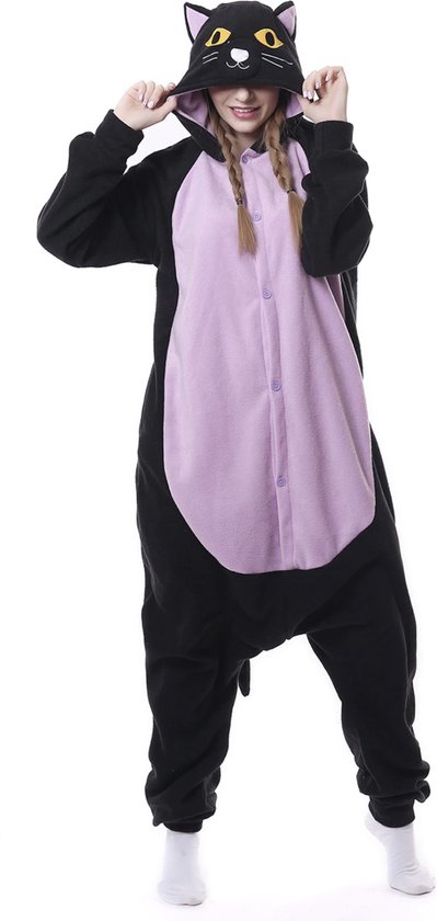 KIMU® Onesie Zwarte Kat Paars Poes Pak - Maat XS-S of 152-158 - Poezenpak Kostuum Paarse Cat Poesje Kitten Kattenpak Huispak Fleece Pyjama Zwart Dames Halloween