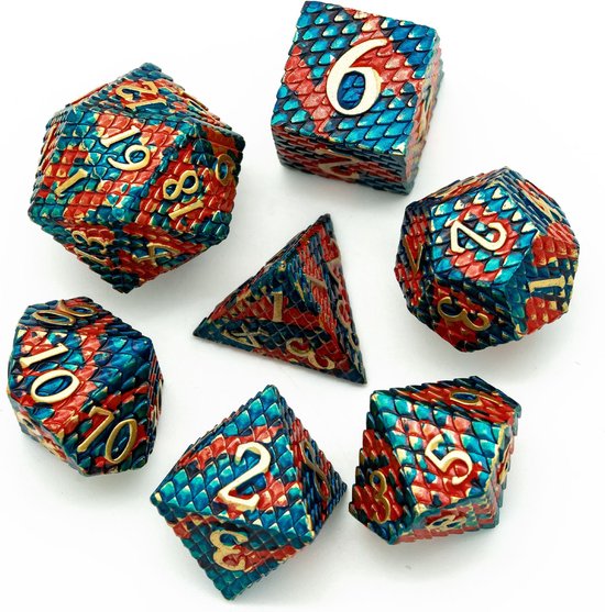 Thumbnail van een extra afbeelding van het spel Lapi Toys - Dungeons and Dragons dobbelstenen - D&D dobbelstenen - D&D metal polydice - 1 set (7 stuks) - Metaal - Rood - Blauw
