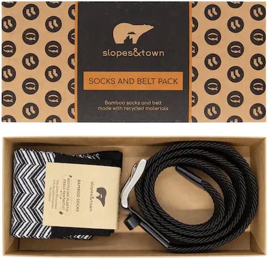 Slopes&Town - "Virgil" Zwart-wit geschenkdoos met visgraad bamboe sokken (41-45) - geschenkdoos sokken heren - giftbox sokken heren - sokken - riem