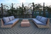 Set van 2 bankjes 180cm & 2 tafels “Sauna” van douglas hout –  Licht grijze kussens - relax bank set – Loungebank – Lage zetel – 6 persoons