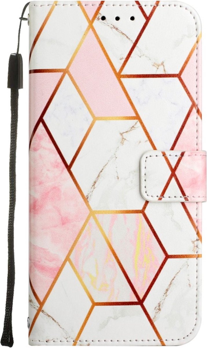 Peachy Rose Marble Wallet kunstleer hoesje voor iPhone 14 Plus - wit en roze