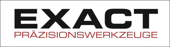 Logo avec le texte 'EXACT PRÄZISIONSWERKZEUGE' en lettres blanches et rouges sur fond noir.