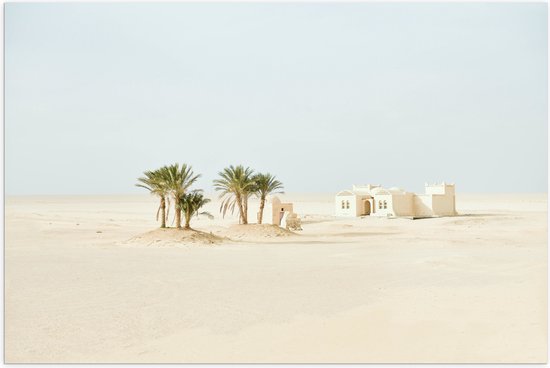WallClassics - Poster Glanzend – Woestijn met Palmbomen en Gebouw - 120x80 cm Foto op Posterpapier met Glanzende Afwerking