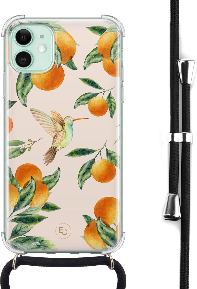Hoesje met koord geschikt voor iPhone 11 - Tropical fruit - Inclusief zwart koord - Crossbody beschermhoes - Transparant, Oranje - ELLECHIQ