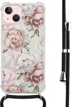 Hoesje met koord geschikt voor iPhone 13 - Klassieke bloemen - Inclusief zwart koord - Crossbody beschermhoes - Transparant, Beige - Mooie Telefoonhoesjes