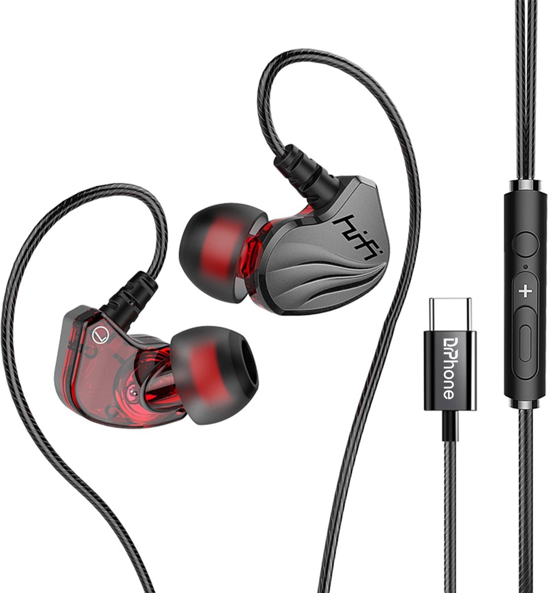 DrPhone Hi15 USB-C In-Ear Oordoppen met ingebouwde DAC - Dynamische BASS - Oortelefoon met microfoon - Oorhaak Design - Passief ruisonderdrukking - Grijs/Zwart