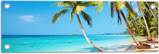 WallClassics - Tuinposter – Tropisch Strand met Palm Bomen - 60x20 cm Foto op Tuinposter  (wanddecoratie voor buiten en binnen)