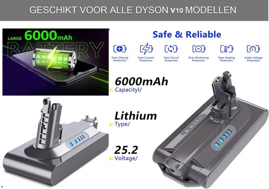 Verheugen Verschrikking schommel Batterij accu geschikt voor Dyson V10 accu - 25,2 V 6000 mAh SV12  reserveaccu geschikt... | bol.com