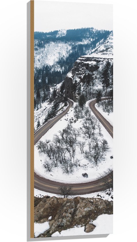 WallClassics - Hout - Weg door Bergen met Sneeuw - 40x120 cm - 12 mm dik - Foto op Hout (Met Ophangsysteem)