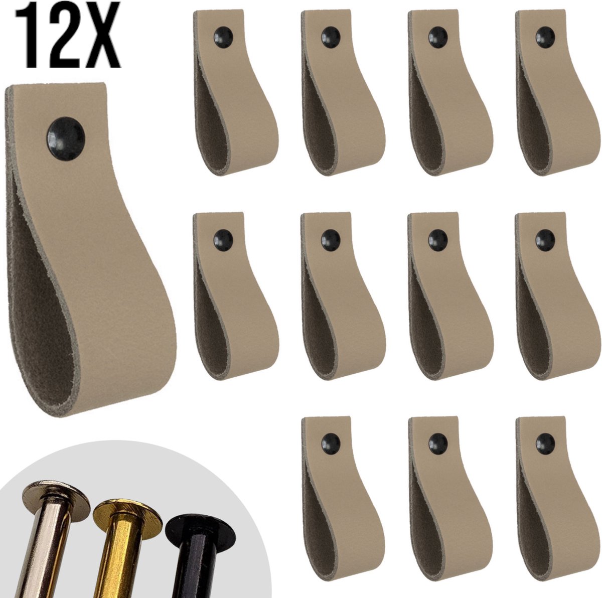Leren lusjes - Taupe - 12 stuks - incl. 3 kleuren schroefjes (leren handgrepen - leren handgreepjes - leren greepjes)