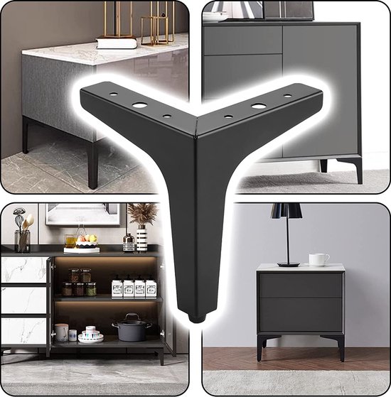 Set van 4 matzwarte zware moderne diamanten driehoek tafel bureaustoel voeten 15 cm diameter voor tafelkast kast bank