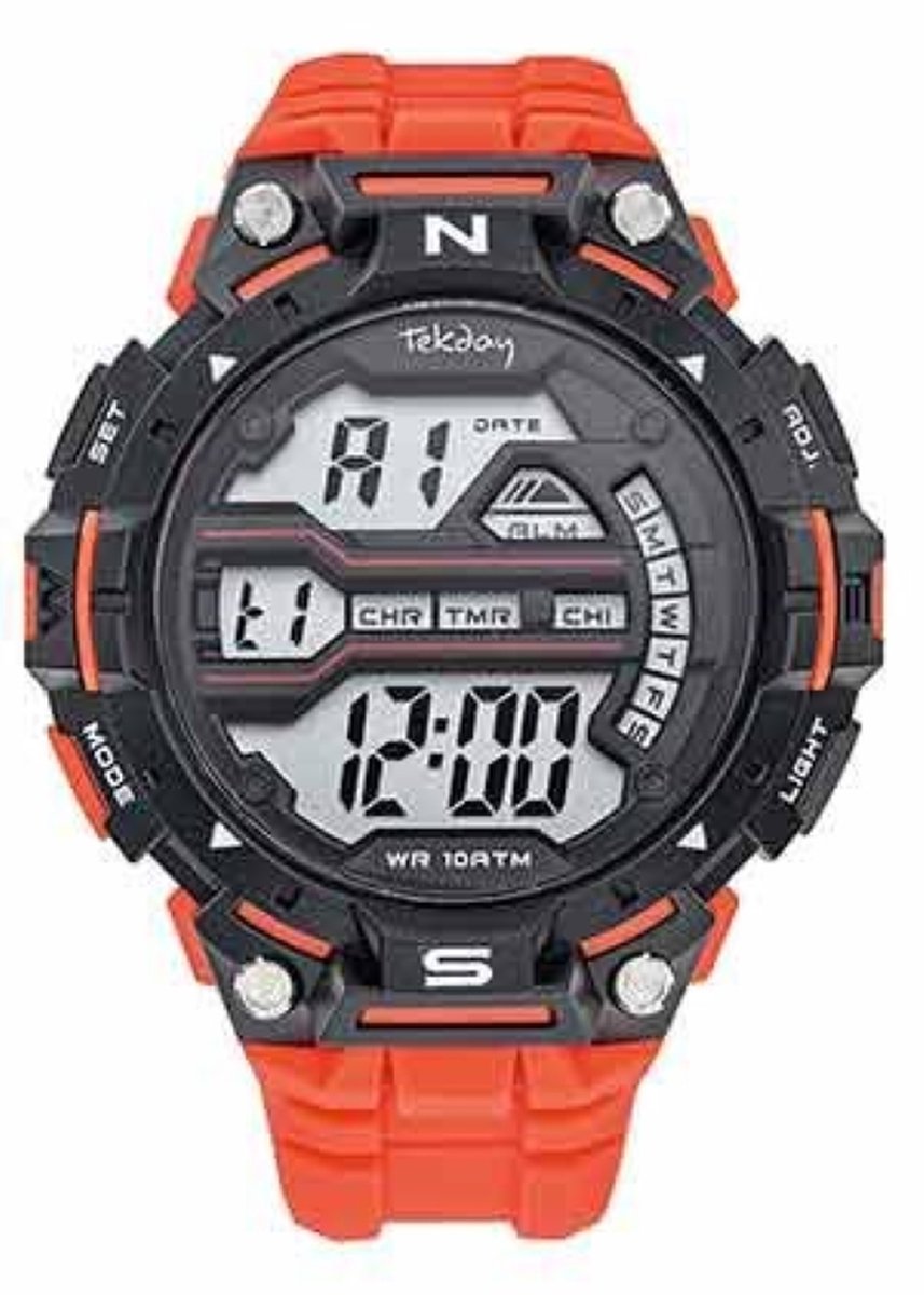 Tekday-Horloge-Heren-Digitaal-Alarm-Stopwatch-Timer-Datum-Backlight-10ATM waterdicht-Zwemmen-Sporten-39MM-Rood-Zwart