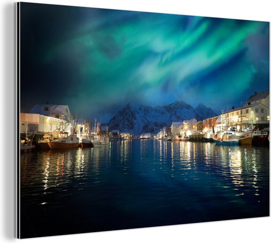 Noorderlicht boven haven in Noorwegen Aluminium 180x120 cm - Foto print op Aluminium (metaal wanddecoratie)