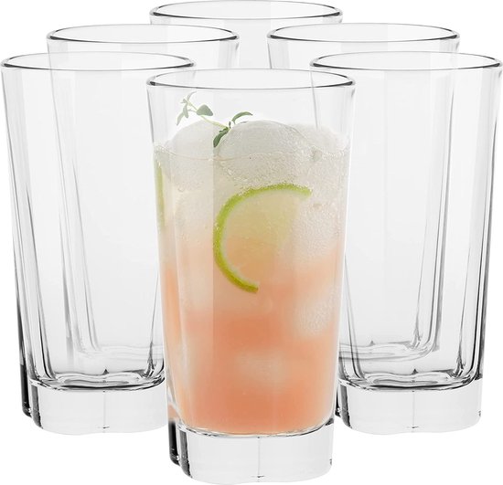 Longdrinkglazen Tumbler Waterglazen Glas Sapglazen Drinkglazen Long Drink Highball Cocktailglas | Vaatwasmachinebestendig | Verzameling Elin | 300 ML | Set van 6