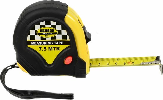 Zwarte Benson meetlintrol 7.5M met gele band. De band heeft een ruitpatroon.