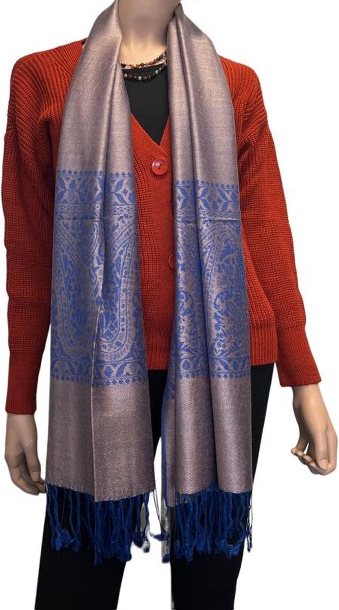 Sjaal- Pashmina Sjaal- Fijn geweven trendy Sjaal- Tweezijdige omslagdoek 217/2- Zilver met blauw details
