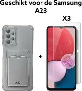 samsung a23 siliconen transparant hoesje antischok met pashouder + x3 screenprotector 9H samsung galaxy a23 antishock backcover doorzichtig achterkant with card holder + 3x tempered glas 9H