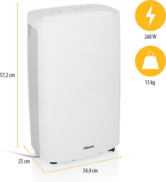 Witte luchtontvochtiger met afmetingen: 57,2 cm hoog, 34,4 cm breed, 25 cm diep.