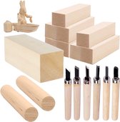 11-delig lindehout, natuurlijk houtsnijhout, onbehandelde houtsnijblokken, licht hout en 6-delige snijmessen, geschikt voor beginners, kinderen, volwassenen, doe-het-zelf, kunsthandwerk snijden