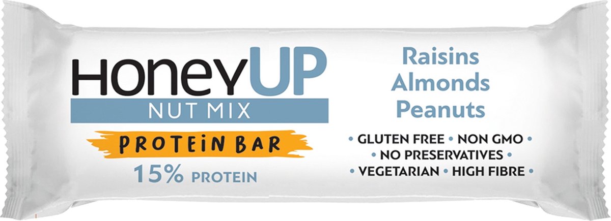 HoneyUp Energie Snack met Noten, Amandelen en Rozijnen 40gr 4 stuks | Organic Energiereep Proteine 15,8g koolhydraten