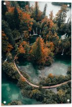 WallClassics - Tuinposter – Brug door Natuurpark met Watervallen - 60x90 cm Foto op Tuinposter  (wanddecoratie voor buiten en binnen)