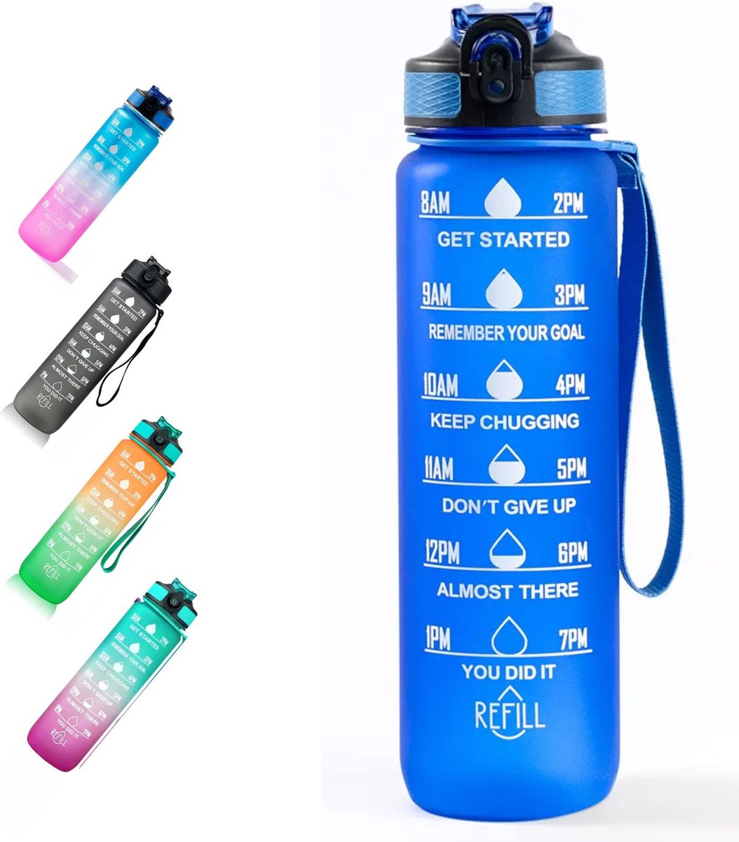 locolta motivatie waterfles - 1 liter drinkfles - drinkfles met tijdsmarkering - drinkfles met rietje - lekvrije drinkfles - blauw