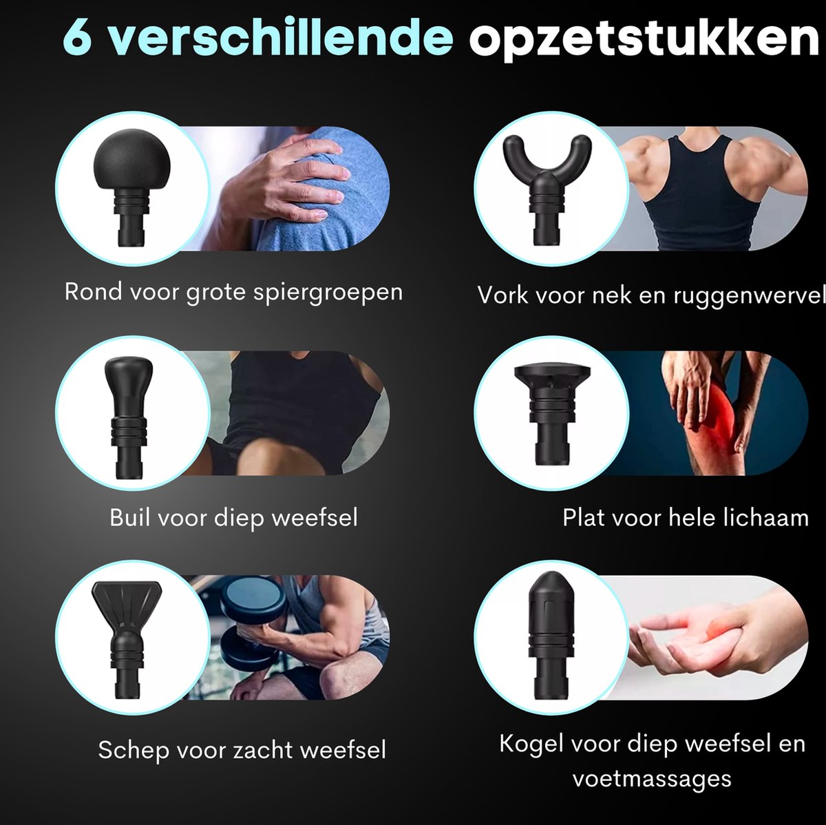 Afbeelding 3 van Mvolo® Massage Gun PRO – Professioneel Massageapparaat – 30 Snelheden – massage pistool - Krachtig – Draadloos – 6 Opzetstukken – Oplaadbaar – Spierherstel – Diepe Weefselmassage – Sportmassage – Fitness - Vaderdag