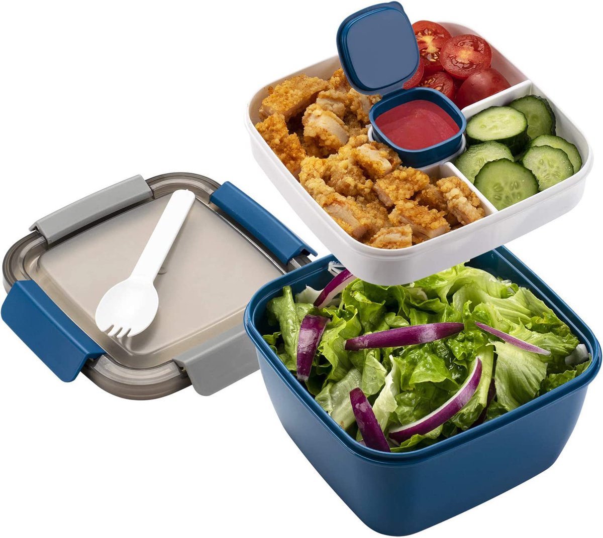 Consumerce® Luxe Meerlaagse Lunchbox met Vakjes Blauw – Lunchbox Volwassenen – Japanse Bento Box – Lunchbox Kinderen – Salade To Go – Brooddoos Volwassenen – Broodtrommel – Lunchtrommel – Salade Lunchbox – Saladebox – Salade Box
