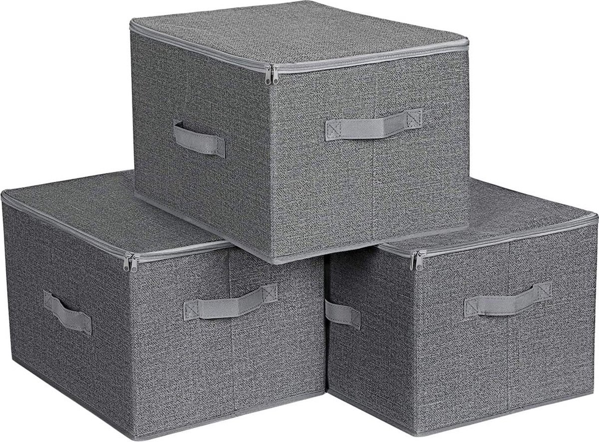 Hoppa! Songmics Opbergboxen met deksel, set van 3, Opvouwbare stoffen dozen met handvaten, voor het opbergen van kleding en spiegelspullen, grijs