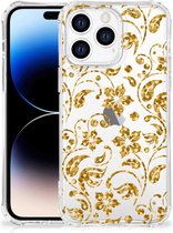 Smartphone hoesje Geschikt voor Apple iPhone 14 Pro Max Hoesje Bumper met transparante rand Gouden Bloemen