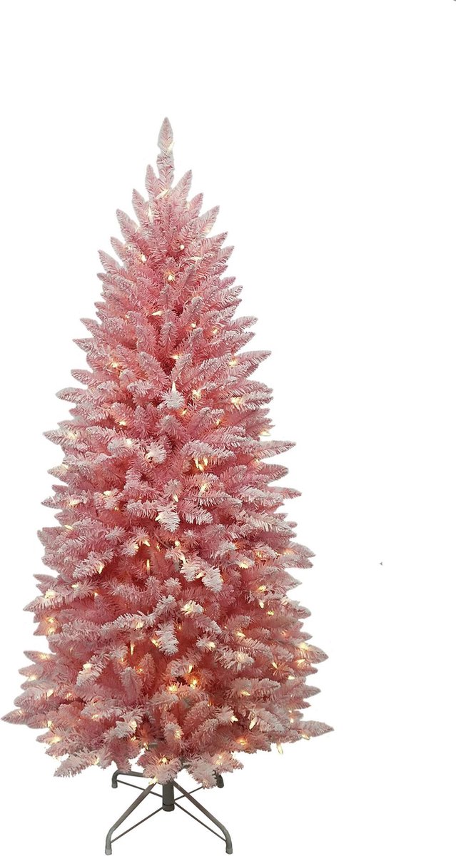 Funky Pink kunstkerstboom - 213 cm - roze - 400 ledlampjes - besneeuwd - metalen voet