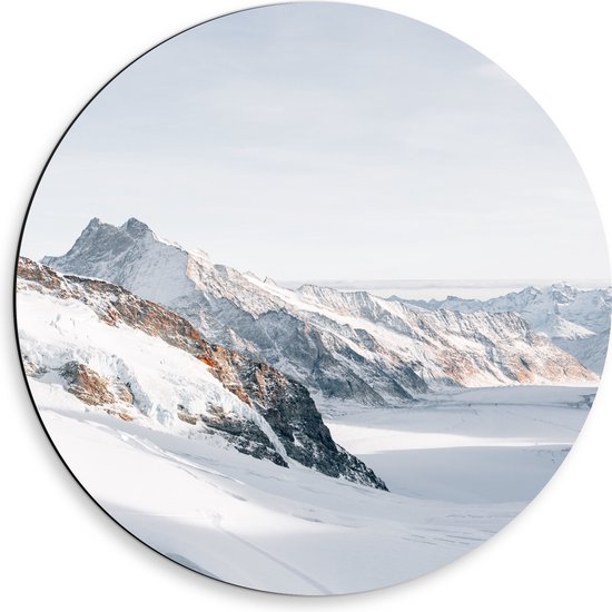 WallClassics - Cercle mural Dibond - Paysage de neige au sommet des Montagnes - Photo 50x50 cm sur cercle mural en aluminium (avec système d'accrochage)