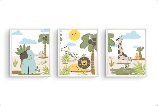 Postercity - Set d'affiches 3 Happy Jungle Animaux Lion Éléphant Girafe Zebra Singe Crocodile - Affiche Jungle / Safari - Chambre d'enfant / Chambre d'enfant - Chambre de bébé