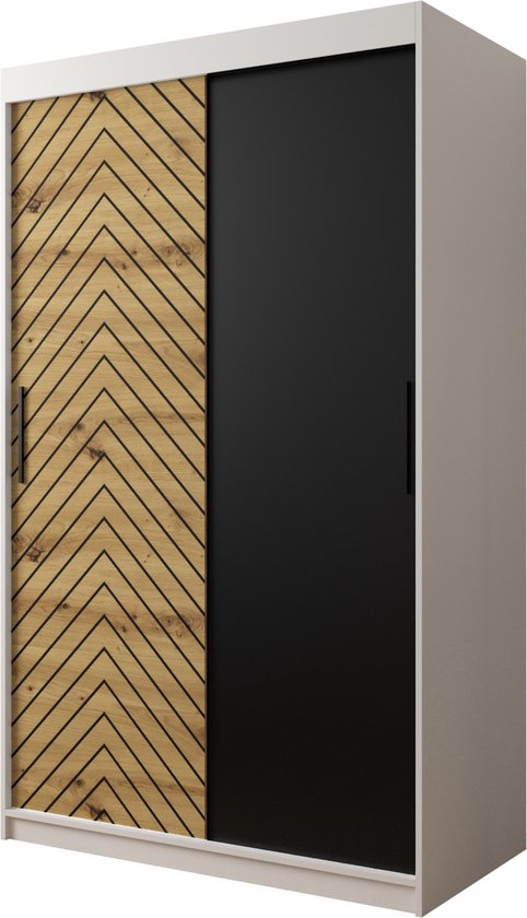 InspireMe - Kledingkast met 2 schuifdeuren, Modern-stijl, Een kledingkast met planken (BxHxD): 120x200x62 - LIMBA 120 Wit Mat + Artisan Eik met 2...