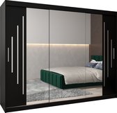 InspireMe - Kledingkast met 3 schuifdeuren, Modern-stijl, Een kledingkast met planken en een spiegel (BxHxD): 250x200x62 - MALTESE II 250 Zwart Mat met 4 lades