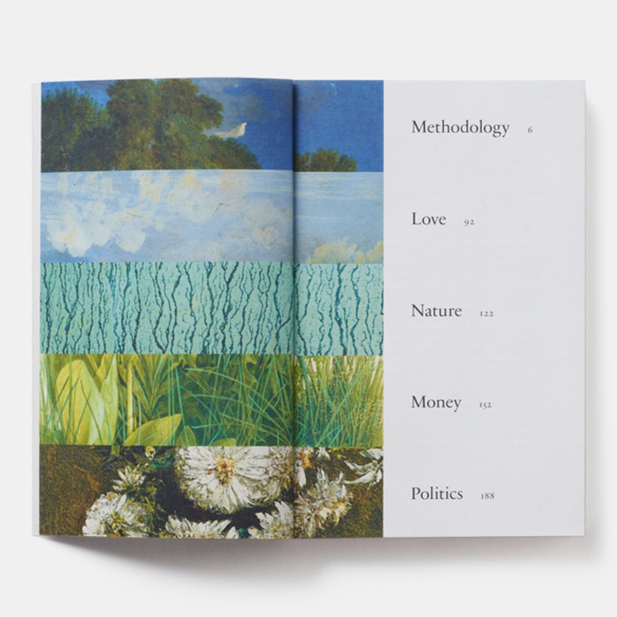 Boek met collage van verschillende landschappen: lucht, bomen, gras en bloemen. Titels: Methodology, Love, Nature, Money, Politics.