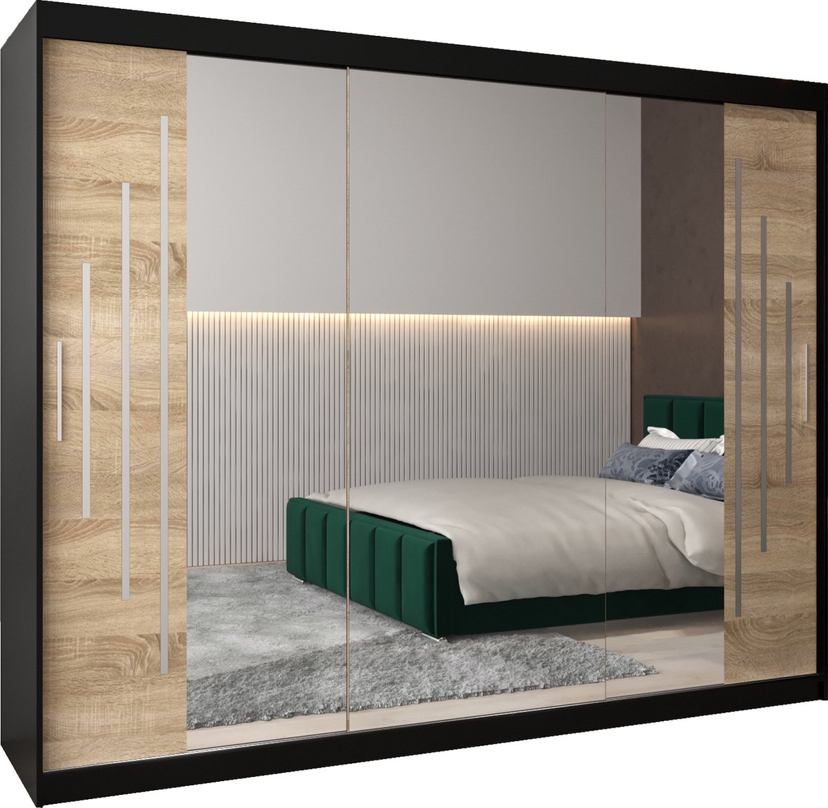 InspireME Kledingkast met 3 schuifdeuren, Modern-stijl, Een kledingkast met planken en een spiegel (BxHxD): 250x200x62 - MALTESE II 250 Zwart Mat + Sonoma Eik