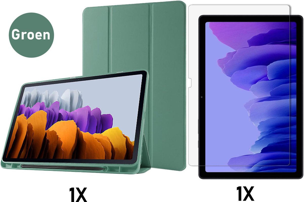 Casemania Hoes Geschikt voor Samsung Galaxy Tab S8 Plus - S7 FE & Tab S7 Plus Hoes Groen & Glazen Screenprotector - Tri Fold Tablet Case - Smart Cover