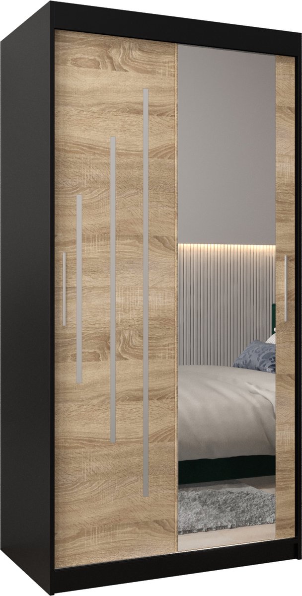 InspireME Kledingkast met 2 schuifdeuren, Modern-stijl, Een kledingkast met planken en een spiegel (BxHxD): 100x200x62 - MALTESE II 100 Zwart Mat + Sonoma Eik met 2 lades