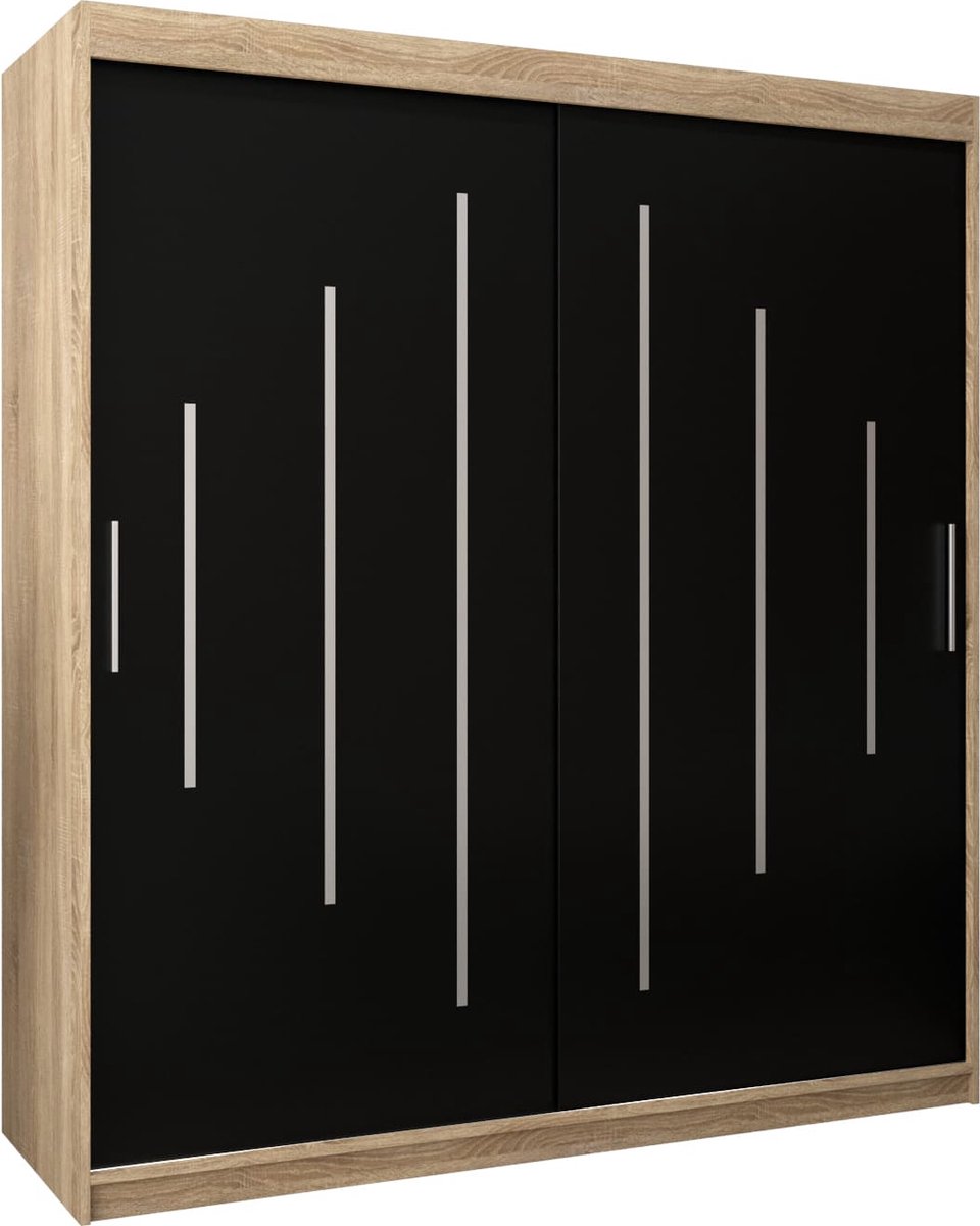 InspireME Kledingkast met 2 schuifdeuren, Modern-stijl, Een kledingkast met planken (BxHxD): 180x200x62 - MALTESE 180 Sonoma Eik + Zwart Mat met 4 lades