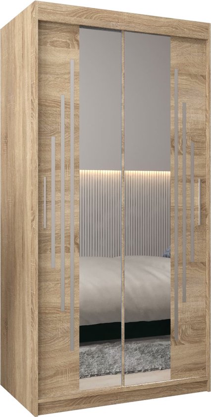 Houten kledingkast met 2 spiegelende schuifdeuren met verticale, decoratieve lijsten. Breedte 100cm, hoogte 200cm.