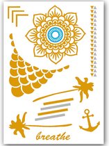 GlittersXL - Temporary Tattoo Goud/Gold (11x6cm) [Neptattoo Ibiza Turquoise - Tijdelijke tatoeage - Nep Fake Tattoos - Water overdraagbare festival sticker henna outfit tattoo - Glitter tattoo - Volwassenen Kinderen Jongen Meisje]